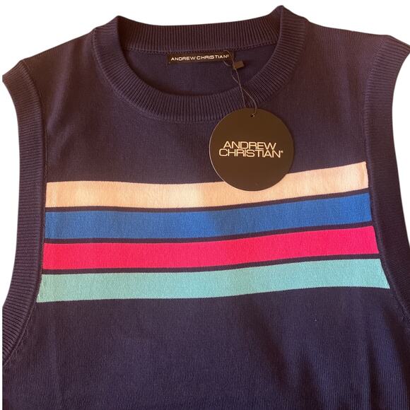 Andrew Christian Knit Stripe Sleeveless Shirt Navy Blue XL Extra Large - Picture 4 of 7